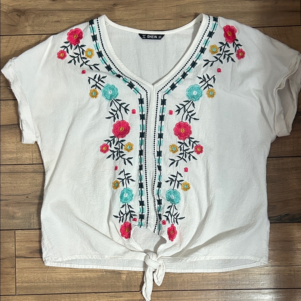 SHEIN White Blouse with Colorful Floral Embroidery